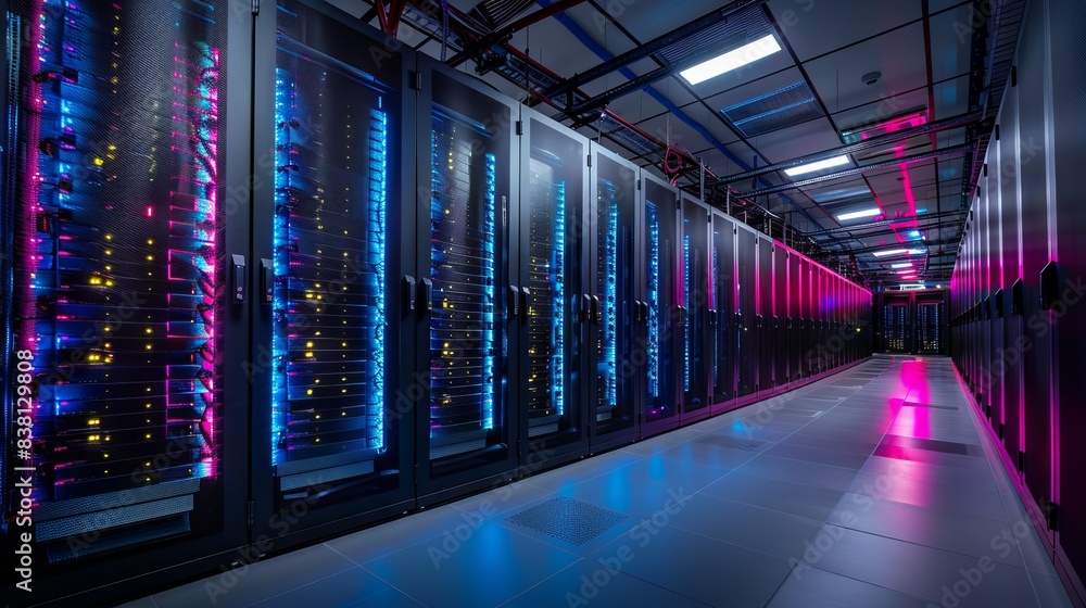 Fototapeta premium Advanced Data Storage Facility Featuring Rows of Servers with Blue and Pink Lights