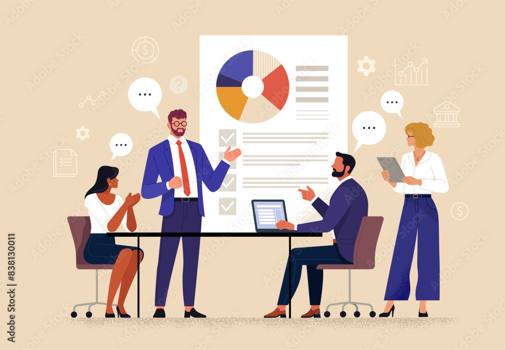 Business Discussion. Vector cartoon illustration in a flat style of a group of diverse people leading a discussion at a table near a whiteboard with charts and graphs. Isolated on background