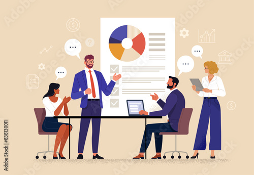 Business Discussion. Vector cartoon illustration in a flat style of a group of diverse people leading a discussion at a table near a whiteboard with charts and graphs. Isolated on background