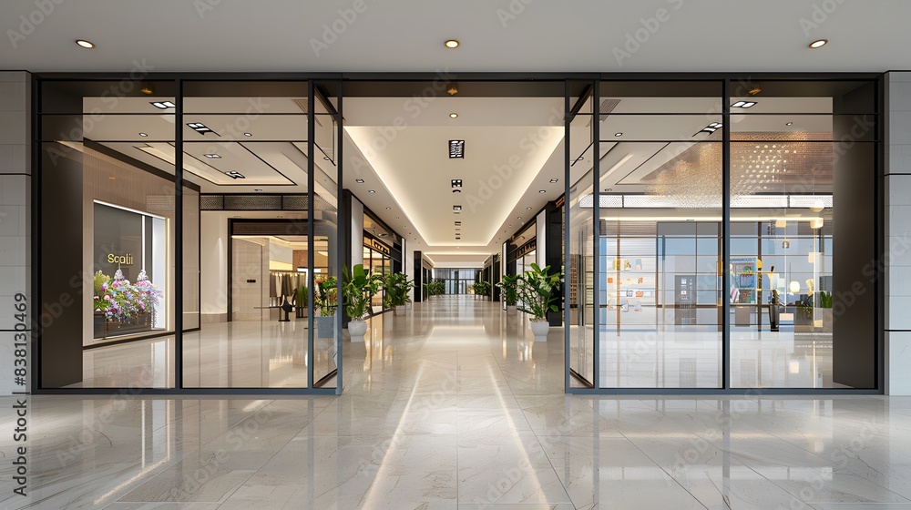 Fototapeta premium In the mall, glass doors and windows with metal frames in an open space leading to the shopping center entrance. in the style of an open space leading to the shopping center entrance gate design.
