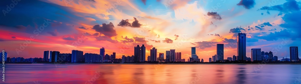 panoramic view of the silhouette city skyline at sunset with colorful sky clouds background panoramic view of the silhouette city skyline at sunset with colorful sky clouds background