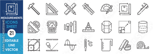 A set of line icons related to measurement tools. Measure, area, volume, length, geometry, shape, scale, count and so on. Vector outline icons set.