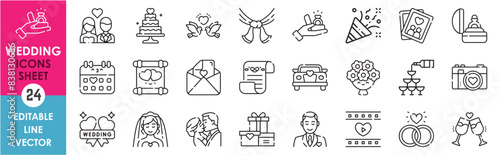 A set of line icons related to wedding and marriage. Weds, love, family, bride, groom, video, kiss, romantic, relationship and so on. Vector outline icons set.