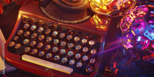 The Electric Kaleidoscope: A kaleidoscopic array of desktop toys, reflecting in a warped mirror, next to a retro typewriter. photo