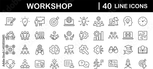 Workshop set of web icons in line style. Business Workshop icons for web and mobile app. Containing team building, teamwork, coaching, meeting, managing, coaching, motivation and more