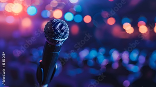 A microphone on stage with an audience in the background, representing public speaking or presentation skills for conference crowds.