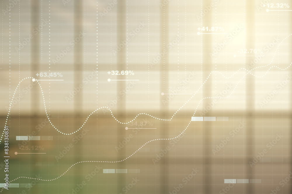 Multi exposure of abstract statistics data hologram interface on abstract empty interior background, computing and analytics concept Multi exposure of abstract statistics data hologram interface on abstract empty interior background, computing and analytics concept