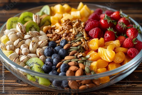 Close-up of a variety of fresh fruits, mixed nuts, and seeds in a glass bowl, bright and vivid, natural light, wooden background, healthy snack selection, high-resolution