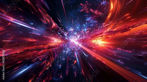 Abstract futuristic background with glowing red and blue light streaks, cosmic energy beams, and a starry sky with a glowing center, perfect for science fiction, technology, and space themes.