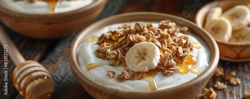 Close-up of a yogurt bowl topped with granola and a honey drizzle