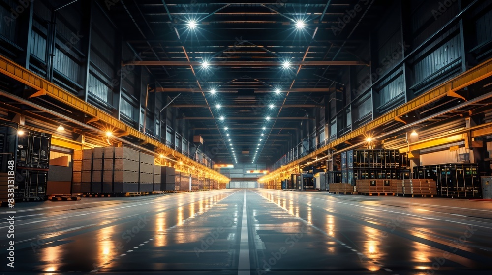 Empty Industrial Warehouse with Rows of Pallets and a Long Straight Path Lit by Overhead Lights Empty Industrial Warehouse with Rows of Pallets and a Long Straight Path Lit by Overhead Lights