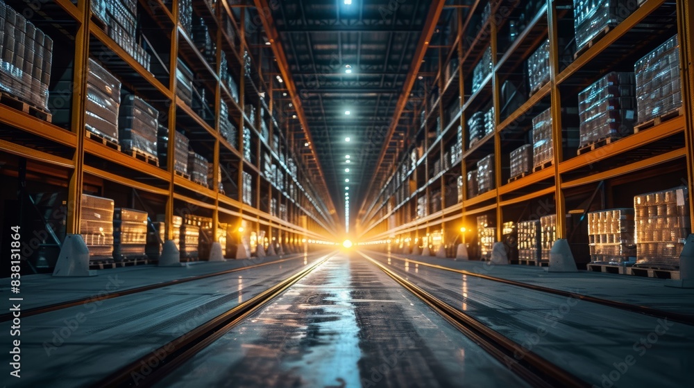 Industrial Warehouse with Rows of Storage Shelves and a Railway Track in the Middle Industrial Warehouse with Rows of Storage Shelves and a Railway Track in the Middle