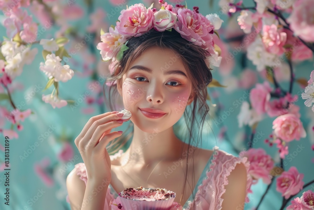 Obraz premium Digital portrait of an elegant woman holding flower petals, surrounded by blooming branches