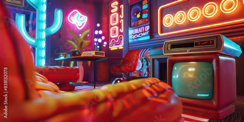 The Candy-Coated Dreams of Retro Futurism: A nostalgic vision of neon signs, space-age furniture, and a vintage video game console photo