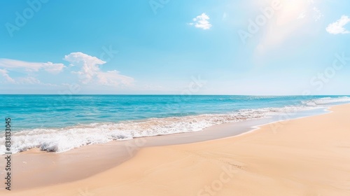 Sunny beach with blue water and white waves on a clear summer day