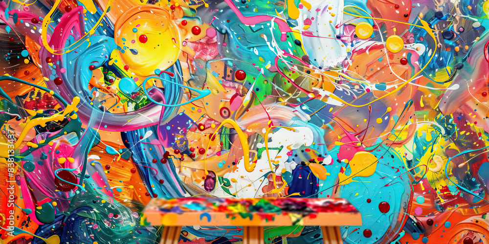 Fototapeta premium The Vibrant Canvas of Abstract Expressionism: A chaotic masterpiece of bright colors, swirls, and splatters, framed by an easel and a palette