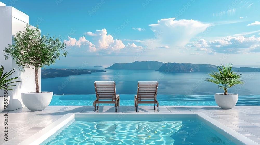 Fototapeta premium Two lounge chairs at the pool, overlooking the breathtaking view of the sea. Classic white Mediterranean building design. Idea of a summer vacation, Generative AI.