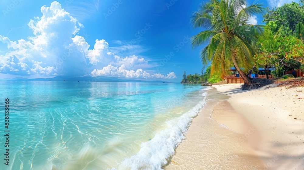 Naklejka premium Tranquil Tropical Beach Paradise with Crystal Clear Water, Lush Palm Trees and White Sand