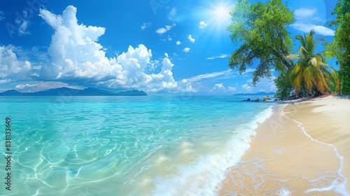 Idyllic Tropical Beach Scene with Pristine Sand  Crystal Clear Waters  Lush Palm Trees  and a Sunny Sky