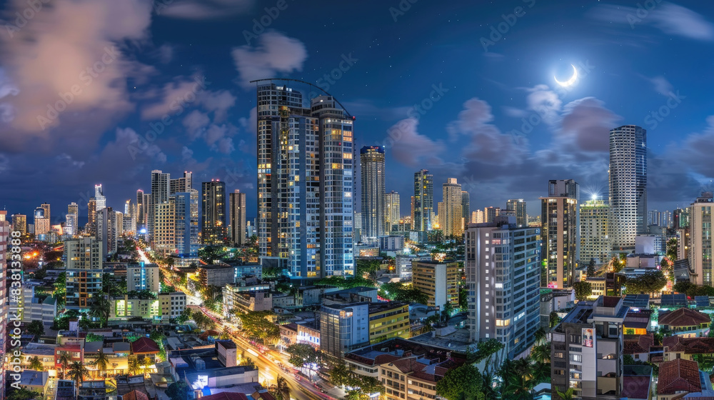 A panoramic view of Panama Citys skyline at night, illuminated by streetlights and the glow of the crescent moon A panoramic view of Panama Citys skyline at night, illuminated by streetlights and the glow of the crescent moon