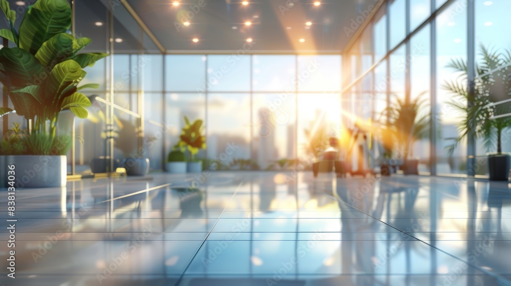 Modern Office Lobby with Bright Sunlight Streaming Through Large Windows and Shiny Floor Tiles Modern Office Lobby with Bright Sunlight Streaming Through Large Windows and Shiny Floor Tiles