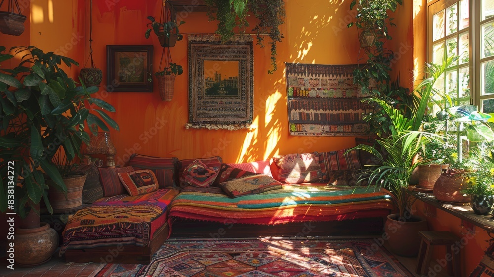 Artistic individuals designing a bohemian-inspired living area with eclectic furnishings, 3D infographic style, Pastel color, no people