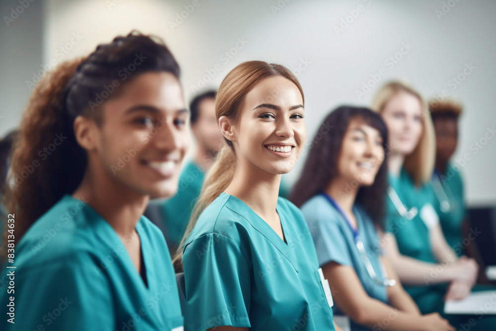 Smiling Medical Students Are In A Classroom, Wearing Medical Uniform, Generative AI. Smiling Medical Students Are In A Classroom, Wearing Medical Uniform, Generative AI.