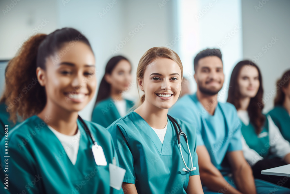 Smiling Medical Students Are In A Classroom, Wearing Medical Uniform, Generative AI. Smiling Medical Students Are In A Classroom, Wearing Medical Uniform, Generative AI.