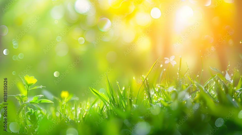 Obraz premium A close-up of green grass blades, glistening with dew drops, in the soft, golden light of the rising sun.