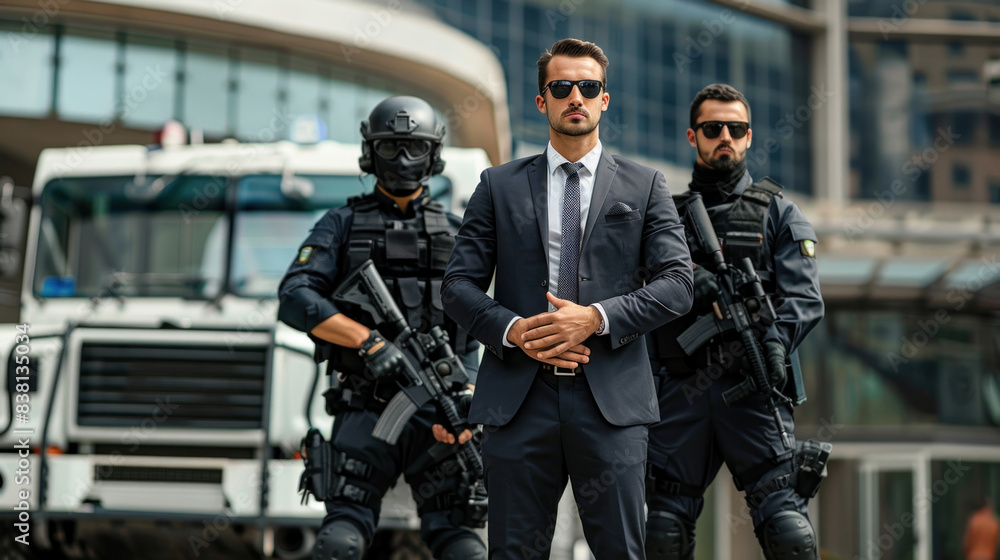 Business man with armed guards on the street Business man with armed guards on the street