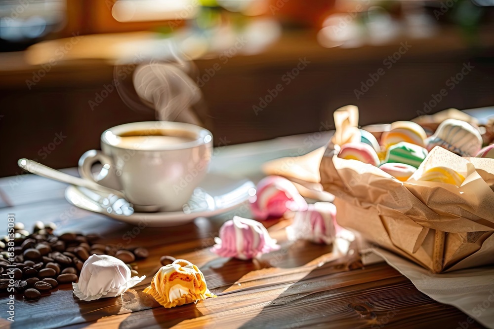 Fototapeta premium Cozy coffee setup with a steaming cup, colorful macarons, and coffee beans on a sunlit wooden table, evoking a warm and inviting atmosphere.