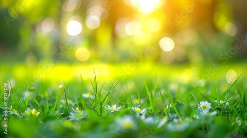 A close-up view of white flowers blooming in a field of lush green grass with a blurred background of bokeh circles and warm sunlight