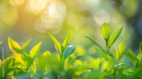 A Close-Up View of Lush Green Foliage Illuminated by Warm Sunlight  Creating a Vibrant and Serene Natural Background