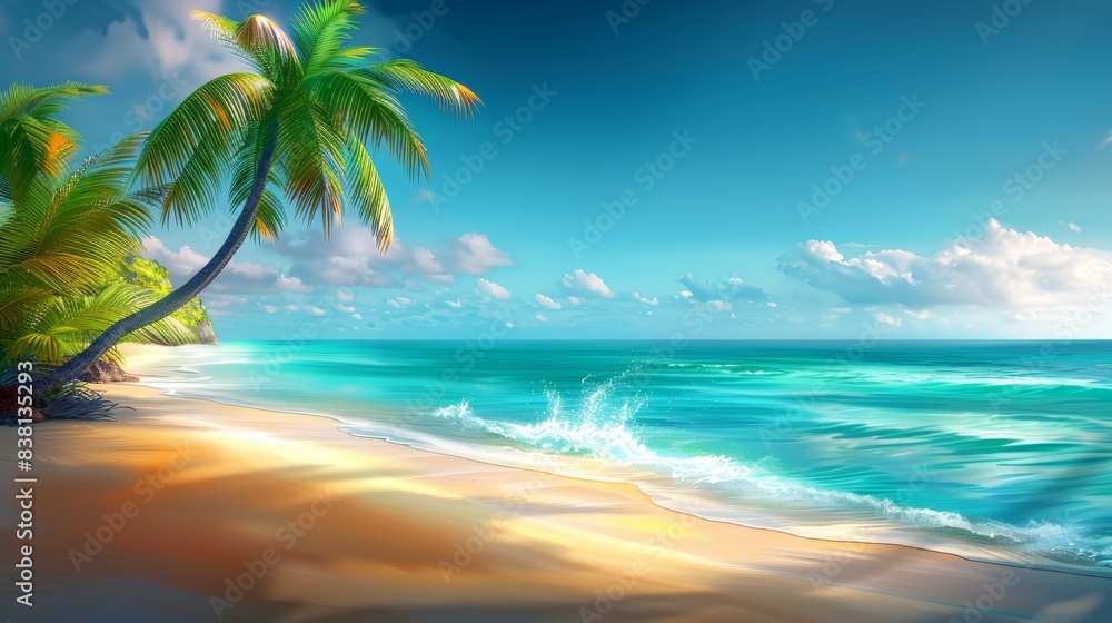 Fototapeta premium Palm tree leaning over a white sand beach with turquoise water and a blue sky with white clouds on a tropical island