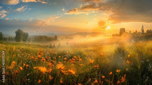 Golden Sunset over a Misty Meadow with Wildflowers and a Distant Forest