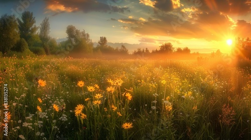 A field of wildflowers bathed in the warm glow of a golden sunset  with a bright sun shining through the clouds and illuminating the landscape