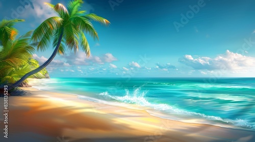 Palm tree leaning over a white sand beach with turquoise water and a blue sky with white clouds on a tropical island