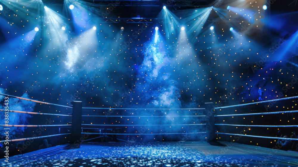 Empty boxing ring with colorful lights