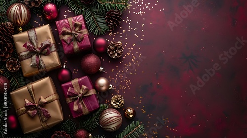 Stylish Christmas setup on a deep plum backdrop, featuring luxurious gold and burgundy wrapped gift boxes, rich green fir branches, and plum and gold Christmas ball ornaments.