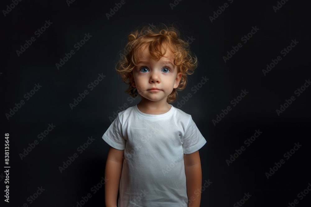 Toddler wearing white t-shirt isolated on black background. Mock up template for a t-shirt design print. Toddler wearing white t-shirt isolated on black background. Mock up template for a t-shirt design print.