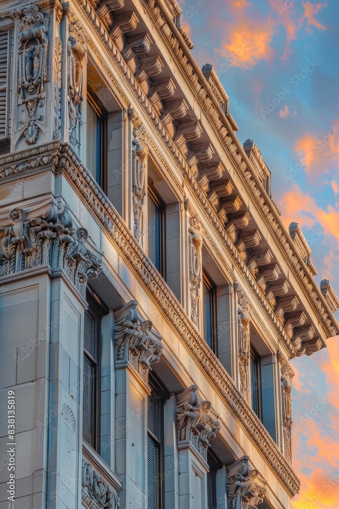 Obraz premium Sunset Reflections on a Mid-Rise Limestone Building