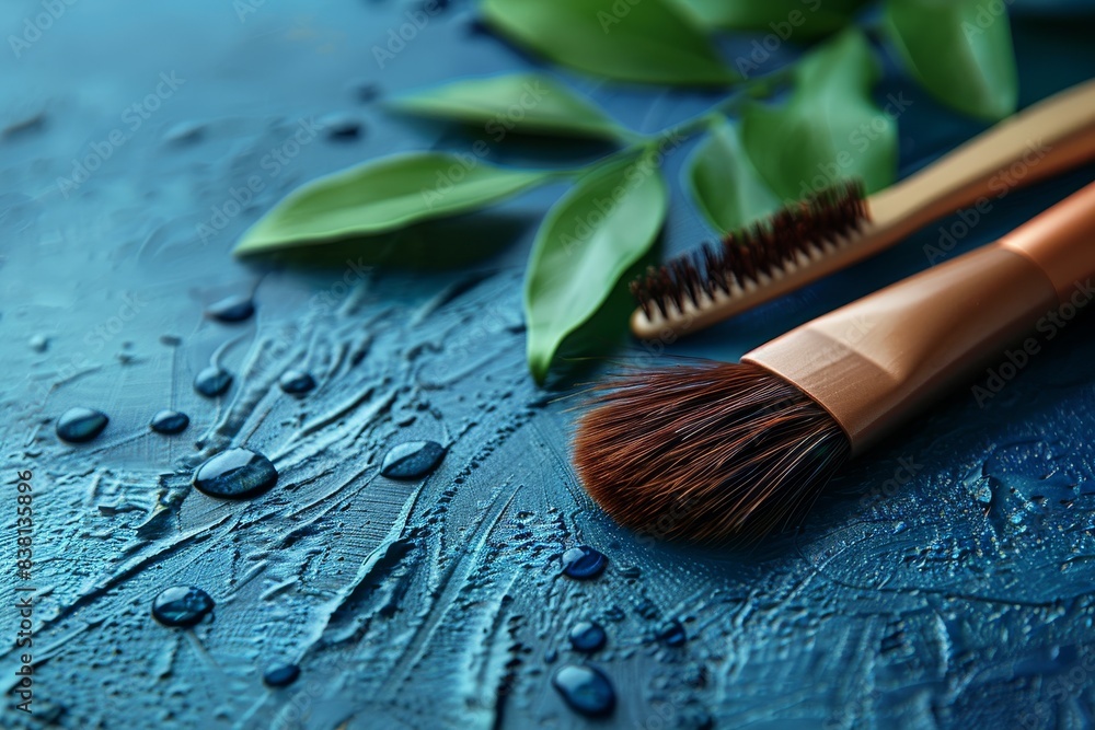 Close-up of a makeup brush with water droplets on a deep blue textured background highlighting detail Close-up of a makeup brush with water droplets on a deep blue textured background highlighting detail