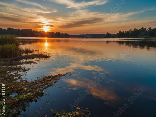 Sunset over a tranquil lake with reflections of the sky in the water.