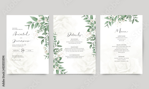 Elegant wedding invitation template styled with green leaves and flowers
