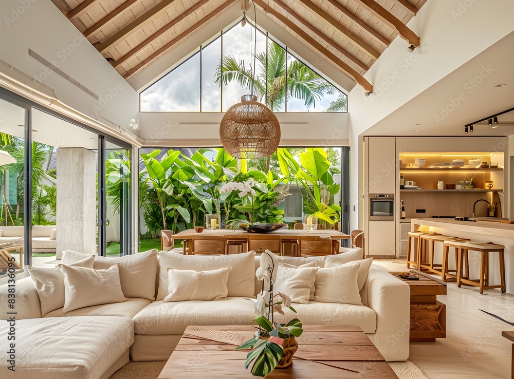 Fototapeta premium Modern living room with a white sofa and wooden table in a luxury house