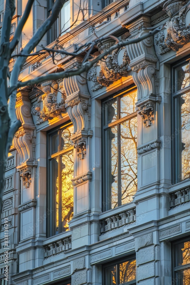 Fototapeta premium Sunset Reflections on a Mid-Rise Limestone Building