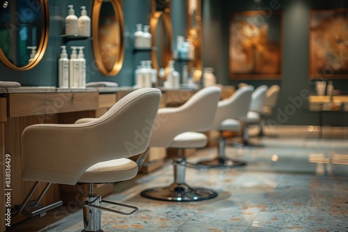Elegant contemporary barber shop interior with leather barber chairs and well-stocked product shelves © Dragana