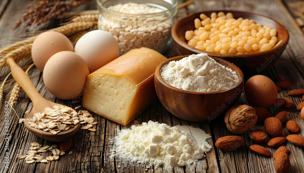 rustic arrangement of baking ingredients including eggs, flour, cheese, beans, oats, and almonds, set on a wooden table, ready for creating a homemade recipe rustic arrangement of baking ingredients including eggs, flour, cheese, beans, oats, and almonds, set on a wooden table, ready for creating a homemade recipe