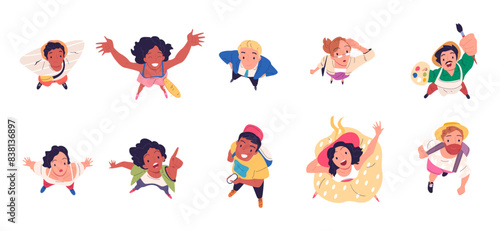 Above people looking up. Happy characters look-up hope, above heads teenagers indicates top view youth man student young woman overhead cartoon person, classy vector illustration