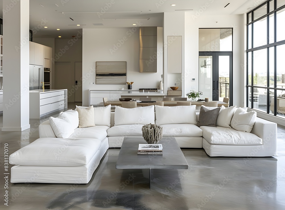 Modern living room with an open concept kitchen and dining area in the background Modern living room with an open concept kitchen and dining area in the background
